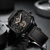 SearchFindOrder Exquisite Luxury Men's Sports Quartz Watch, Waterproof, Leather Strap, Chronograph, Luminous, Square Skeleton Dial